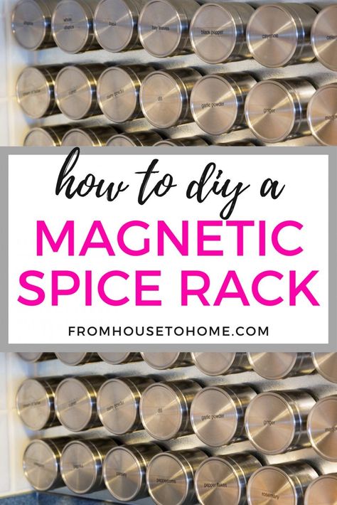 Want easy access to your spices when you're cooking?  Make our DIY Magnetic Spice Rack to hang them on the wall or cabinet door. #fromhousetohome   #kitchen #kitchenorganization #kitchenstorage Diy Kitchen Organization, Magnetic Spice Rack, Galvanized Sheet Metal, Spice Organizer, Sewing Room Storage, Diy Spices, Kitchen Mood Board, Magnetic Spice, Galvanized Sheet