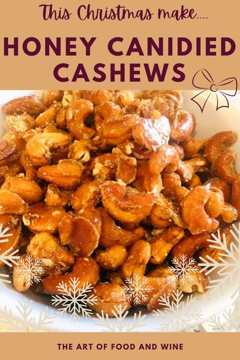 HoneyCandied Cashews is a delicious recipe for cashews with just 5 ingredient honey roasted cashews are an addictive little snack! Place in a pretty jar and give as a gift. #honeycashews #cashews #nuts #appetizers #easyappetizers #easynutrecipes #snacks #partynuts #5ingredients #spicednuts #partyfood #beernuts #candiedcashews #candiednuts #candiedcashews #honeyroastedcashews #honeyroastednuts Cashew Candy Holidays, Brown Butter Cashews, Cashew Appetizer, Flavored Nuts Recipes Holidays, Unsalted Cashew Recipes, Toffee Cashews Recipe, Desserts With Cashews, Recipes Using Cashews, Candies Cashews