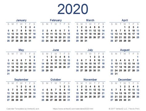 Download and print a free 2020 Calendar   (pdf) from Vertex42.com. This page contains multiple design options. #calendar #2020calendar Template Kalender, Yearly Calendar Template, Printable Yearly Calendar, Free Printable Calendar Templates, Excel Calendar Template, 2020 Calendar Template, Printable Calendar 2020, Schedule Calendar, Kalender Design