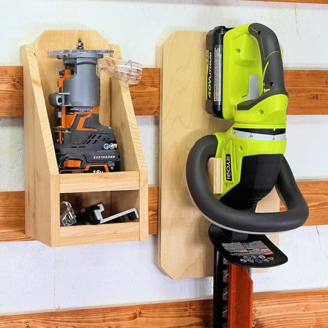 Power Tool Holder Diy, French Cleat Router Storage, French Cleat Tool Holders, French Cleat Ideas, French Cleat Tool Storage, Garage Hanging Storage, Tool Shed Organizing, French Cleat Storage, Tool Wall Storage