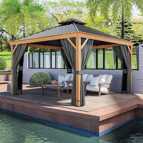 Amazon.com : HAPPATIO 12' x 12' Hardtop Gazebo, Outdoor Wood Grain Frame Aluminum Gazebo, Double Roof Permanent Patio Gazebo Canopy with Netting and Curtains for Garden, Patio, Lawns, Parties (Grey) : Patio, Lawn & Garden Outdoor Gazebo Ideas, Gazebo Lighting, Fun Backyard, Modern Gazebo, Aluminum Gazebo, Gazebo Ideas, Grey Patio, Outdoor Gazebo, Wooden Gazebo