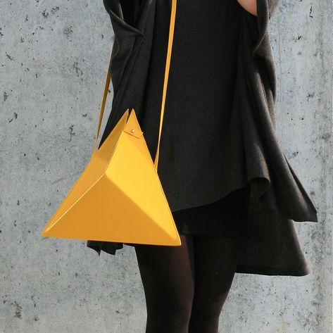 Triangle Bag | by IF irinaflorea | geometric | minimalist | leather | yellow  | https://www.facebook.com/irinafloreadesign/ Geometric Clothes, Geometric Purse, Geometric Accessories, Yellow Triangle, Handbags Collection, Triangle Bag, Geometric Fashion, Minimalist Bag, Novelty Bags