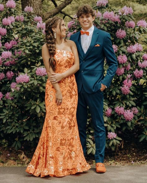 Blue Suit And Orange Dress, Blue And Orange Prom Dress, Tux To Match Orange Prom Dress, Burnt Orange Prom Couple, Orange And Tan Prom, Orange And Navy Prom, Neon Orange Prom Dress Couple, Pastel Orange Prom Dress, Orange Prom Dress With Date