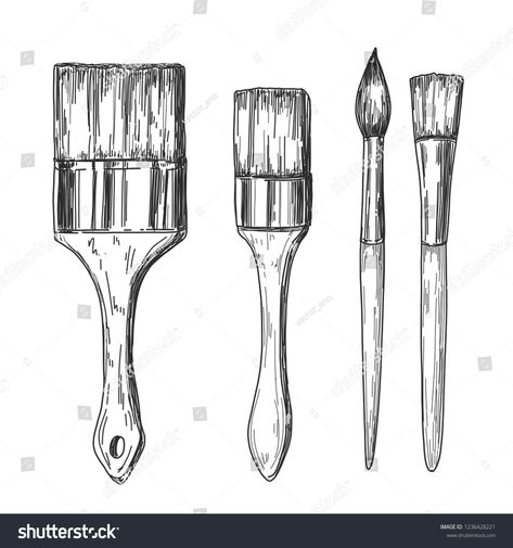 Hand drawn line art brushes set. Vintage etching, pen and ink vector illustration isolated on white background. #Ad , #sponsored, #brushes#set#Vintage#art Tiny Paint Brush Tattoo, Paint Brush Sketch, Paint Brushes Drawing, Paintbrush Illustration, Paint Brush Illustration, Art Tools Illustration, Paint Brush Tattoo, Paintbrush Logo, Paintbrush Drawing