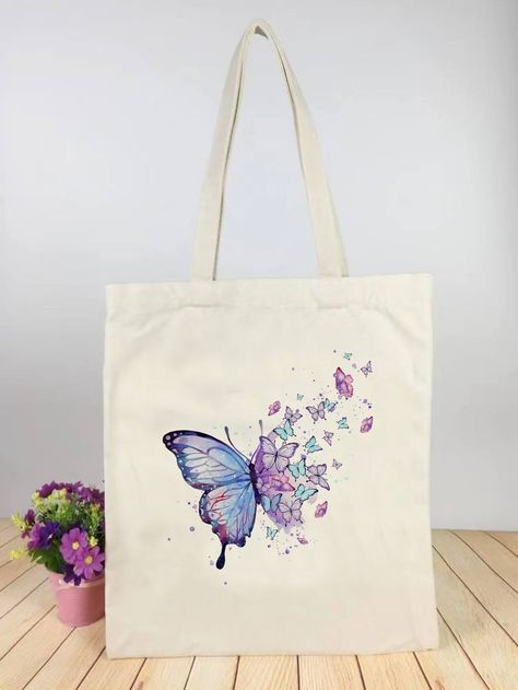 Beige Preppy Collar  Polyester Graphic Shopper Bag Embellished   Women Bags Tote Bag Butterfly Design, Diy Tote Bag Design, Children's Day Poster, Cake Designs For Girl, Butterfly Tote Bag, Desain Tote Bag, Easy Mandala, Butterfly Bags, Simple Butterfly