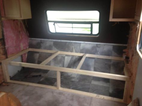 Under Bed Storage Camper, Rv Hidden Storage, Diy Rv Bed Frame, Diy Camper Bedroom Remodel, Camper Bed Remodel, Travel Trailer Master Bed Remodel, Rv Bedroom Remodel Before And After, Rv Bed Remodel, Camper Makeover Bedroom