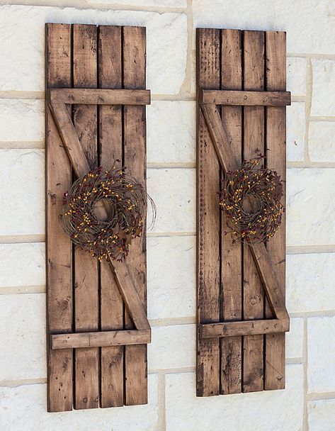 Rustic Shutters Farmhouse Shutters Country Shutters Wood Shutters Exterior Farmhouse Lowe's, Modern Farmhouse Shutters, Country Shutters, Primitive Shutters, Wood Shutters Exterior, Farmhouse Shutters, Rustic Shutters, House Shutters, Diy Shutters