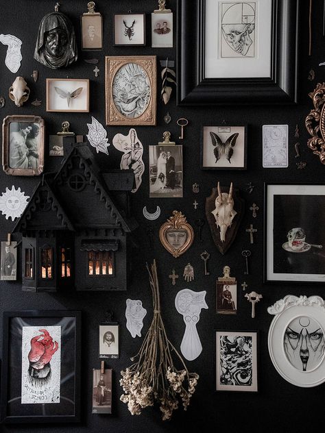 Dark Gallery Wall Hallway, Dark Wall Decor Bedroom, Tattoo Studio Decoration Ideas Wall Art, Tattoo Wall Decor, Moody Gallery Wall Living Room, Goth Photo Wall, Pink Oddities, Goth Accent Wall, Goth Tattoo Studio