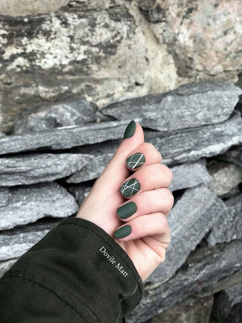 Dark Green And Tan Nails, Matte Green Short Nails, Green Nails With White Lines, Matte Green Nails Short, Dark Green And Black Nails Short, Green And Grey Nails, Dark Green And White Nails, Matt Dark Green Nails, Guys Nail Designs