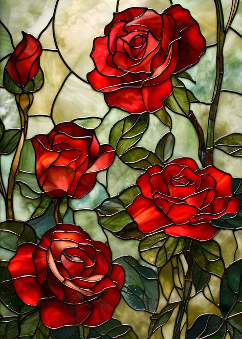 Stained Glass Roses Pattern, Red Stained Glass Aesthetic, Stained Glass Painting Designs, Stained Glass Couple, Stained Glass Rose Patterns, Stained Glass Embroidery, Easy Glass Painting Ideas, Glass Stained Windows, Mosaic Roses