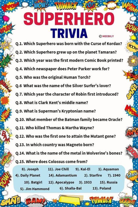 100+ 100+ Superhero Trivia Questions & Answers - Meebily Superhero Trivia Questions And Answers, Family Trivia Questions And Answers, Jeopardy Game Questions And Answers, Family Jeopardy, Kahoot Questions, Kids Trivia Questions, Marvel Questions, Superhero Trivia, Christmas Quiz Questions