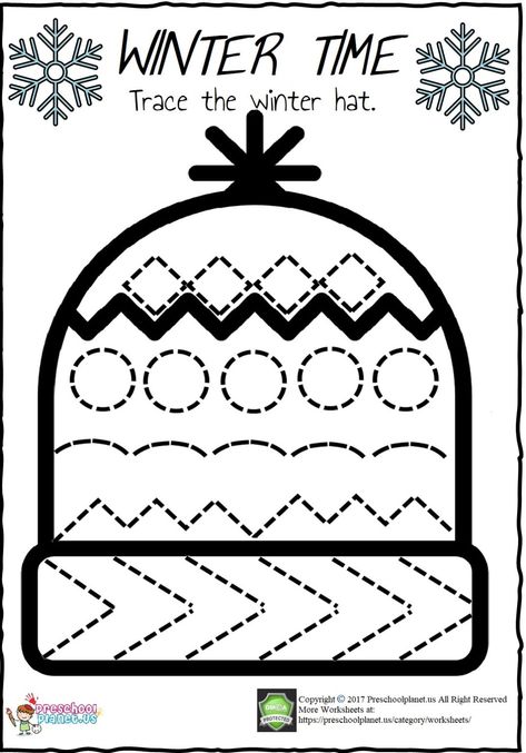 Winter Hat Tracing Worksheet – Preschoolplanet Winter Kindergarten Worksheets, Apple Seed Counting, Preschool Winter Worksheets, Abc Activities Preschool, Counting Worksheet, Emotions Preschool, Worksheet For Kindergarten, Preschool Fine Motor Activities, Winter Activities Preschool