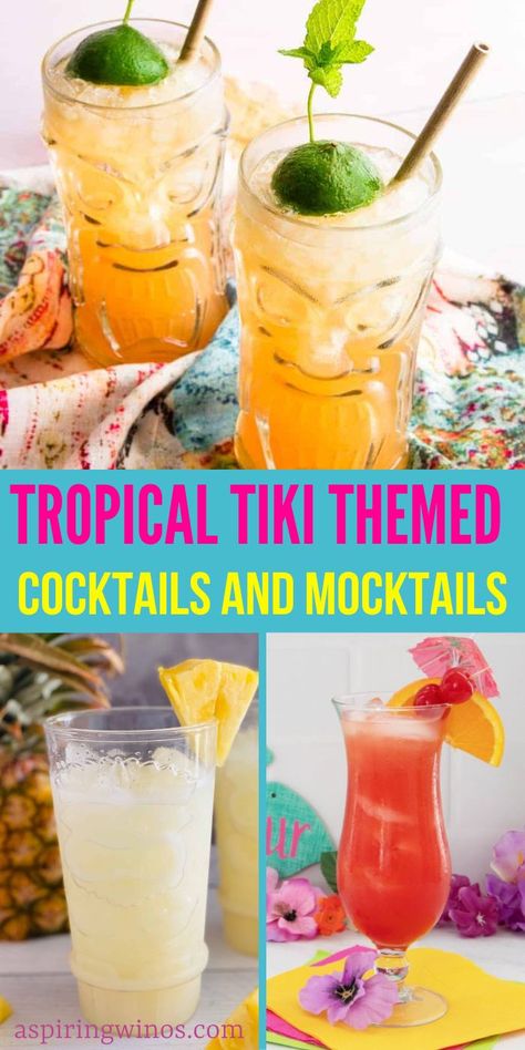 Tropical Tiki Themed Drinks You Need to Try | Tiki Themed Cocktails | Tiki Themed Mocktails | Cocktail and Mocktail Drink Ideas | Tropical Drink Recipes | Tiki Party Drink Ideas #Mocktails #Cocktails #DrinkRecipes #TikiThemedDrinks #TikiDrinkRecipes Moana Themed Drinks, Jungle Themed Alcoholic Drinks, Margaritaville Drink Recipes, Hawaiian Theme Drinks, Tiki Mocktail Recipe, Tiki Bar Cocktails, Tropical Mocktails For Luau, Easy Tiki Drinks, Hawaiian Cocktails Recipes