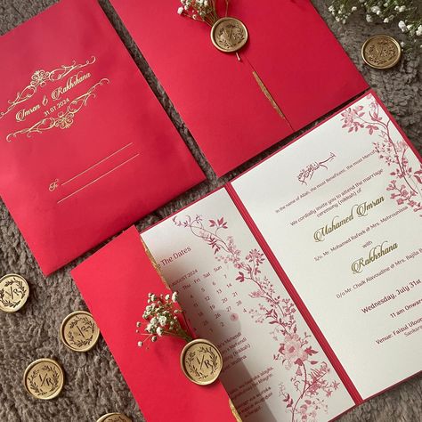 Rediscover the charm of tradition with our royal red wedding invitations adorned with dainty floral, some gold flakes and a custom wax seal. ✨ DM to get yours customised with us ♥️ . Wax seals by @shalviepackaging . Wedding Cards, Wedding Invitation, Wedding inspo, weddings, modern invites, invitations, digital, personalised, aesthetic, handmade, wax seals, small business, Kolkata. . #weddinginvitation #weddingcard #wedding #trending #kolkatawedding #invitation #handmade #unfoldinghappiness Nikkah Invite, Invitation Handmade, Custom Wax Seal, Red Wedding Invitations, Modern Invitation, Invitation Wedding, Royal Red, Gold Flakes, Wax Seal