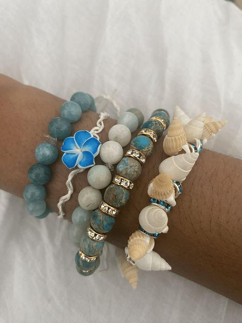 The Summer Blues Stack is the perfect accessory for this summer. Each bracelet is sold separately for $12. Bracelets Cute Aesthetic, Blue Accessories Aesthetic, Pretty Stacks, Summer Bracelet Stack, Bracelets Preppy, Beachy Bracelets, Gold Bracelets Stacked, Jewelry Hacks, Summer Products