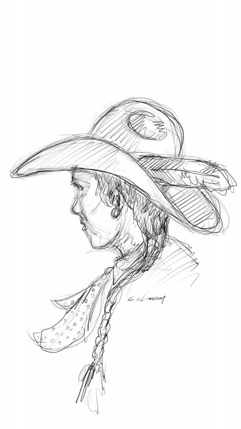 Punchy Drawings Easy, Western Stuff To Draw, Western Things To Draw, Country Drawing Ideas, Cowboy Art Drawing, Cowboy Doodles, Cowgirl Sketch, Western Drawing Ideas, Western Painting Canvas