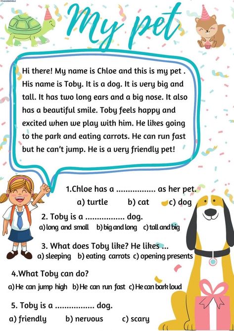 Reading For Grade 2, Pet Animals Worksheet, Reading For Grade 1, Comprehension For Grade 2, Animals Worksheet, Reading For Kids, Animals Reading, Reading Comprehension For Kids, Esl Reading