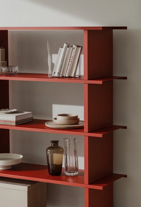 Organize Living Room, Bedroom Book Shelf, Red Bookcase, Red Bookshelf, Red Shelves, Laboratory Design, Room Things, Office Organisation, Office Shelf