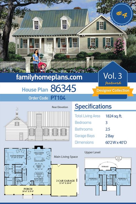 Cape Cod, Country, Southern House Plan 86345 with 3 Beds, 3 Baths, 2 Car Garage Hemp House, 800 Sq Ft House, Cape Cod House Plans, Southern Style House, Southern Style House Plans, Southern House, Plans Architecture, Southern House Plans, Open Concept Floor Plans