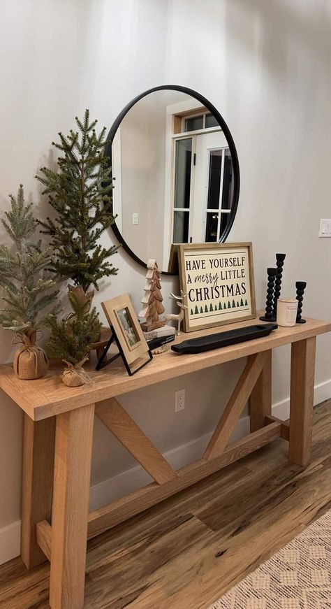 Neutral Christmas Tv Stand Decor, Christmas Small Entryway Decor, Small Spaces Christmas Decor, Above Cabinet Decor Christmas, Christmas Decor Ideas For Sofa Table, Hallway Table Christmas Decor, Christmas Hallway Table Decor, Front Entry Table Christmas Decor, Front Entry Christmas Decor