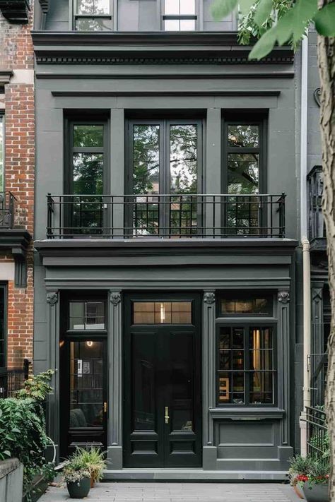 39 Gorgeous Gray Houses With Black Trim Gray And Black House Exterior, Gray House Black Trim, Gray Houses With Black Trim, Victorian Homes Exterior Colors, Houses With Black Trim, House Black Trim, Office Building Exterior, Gray Houses, Brownstone Homes