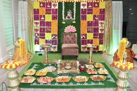 Simple Sreemantham Decoration At Home, Srimantham Decoration At Home, Seemantham Decoration Ideas, Srimantham Decoration At Home Simple, Barasala Decoration, Seemantham Decoration, Dohale Jevan, Indian Baby Shower Decorations, Leaf Decor Wedding