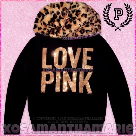 Victoria’s Secret Pink Vintage Vs 2011 Limited Edition Fashion Show Exclusive Ultimate Faux Fur Jacket Available In Size Small Or Large Small Is Nwt & Large Is New Without Tags Black + Golden Iridescent Love Pink Sequin Bling Perfect Full Zip Leopard Print Faux Fur Hoodie Coat Body And Hood Are Fur Lined (The Arms Are Not) Gold Pink Pup Dog Embroidered On Chest Cuffed Sleeves & Side Pockets Drawstring Hood Sweatshirt Very Rare & Hard To Find - No Longer Made. Beyond Stunning! Iconic Bling Logo H Mcbling Winter, Sequins Aesthetic, Victoria Secret Jacket, Glitter Outfit, Chanel Heels, Faux Fur Hoodie, Vs Pink Hoodie, Camouflage Hoodie, Cowl Neck Hoodie