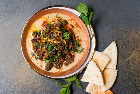 A simple beef sauté, Lebanese hushwee is full of warm spices of cinnamon and tossed with toasted pine nuts and layered on top of creamy tahini. Lebanese Falafel Recipe, Tahini Recipe, Syrian Food, Falafel Recipe, Toasted Pine Nuts, Kosher Recipes, Eastern Cuisine, Lebanese Recipes, Jewish Recipes