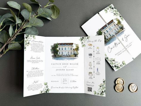 Watercolour Venue Wedding Invitation Modern Gatefold Wedding Invite Gatefold Wedding Invite Venue Watercolour Wedding Invite Eucalyptus by BespokeInvites on Etsy Gatefold Wedding Invitations, Wedding Venue Illustration, Illustration Invitation, Wedding Invitation Modern, Watercolour Wedding, Venue Illustration, Illustration Wedding, Karten Design, Personalized Ribbon