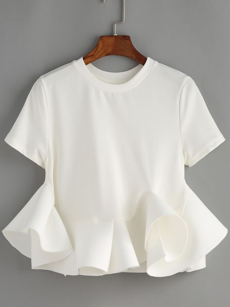 White+Crew+Neck+Ruffle+Crop+Blouse+22.99 White Collared Blouse, White Ruffle Blouse, Frilly Blouse, White Short Sleeve Blouse, Fashion Tops Blouse, Moda Chic, White Crew Neck, 가을 패션, Neck Ruffle