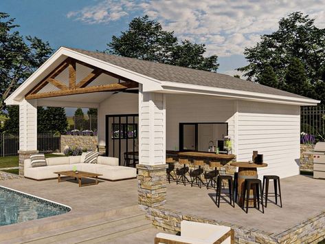 Backyard Pool House, 050P-0019 Pool House With Covered Patio, Backyard With Pool House, Pool House With Sauna, Inground Pool With Pool House, Rectangle Pool With Pool House, 2 Story Pool House Plans, Indoor Outdoor Pool House, Rustic Pool House Ideas, Pool House Designs Layout