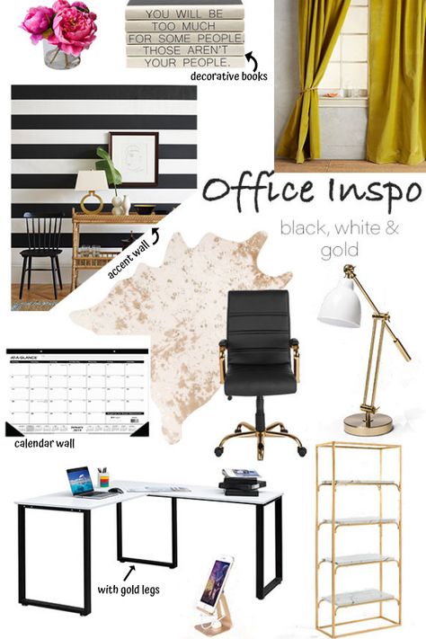 Black and white striped wall - gold office decor - home office inspo - black, white, and gold office decor - cowhide rug - girl boss Tiny Office Space, Handmade Wooden Desk, White Office Decor, Organizing Essentials, Gold Office Decor, Glam Office, Feminine Office, Tiny Office, Background Story