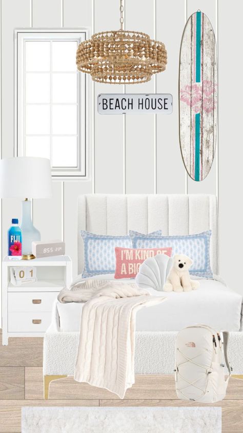 Beach room!!☀️🌊🐚#vibes #fyp Pastel Coastal Bedroom, Teen Beach Bedroom, Girls Beach Theme Bedroom, Girl Apartment, Beach Themed Bedroom, Room Vibes, Beach Room, Teen Girl Bedroom, Boho Room Decor