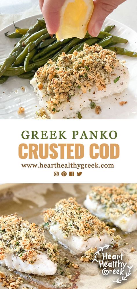 Greek Panko Crusted Cod Panko Crusted Cod, Panko Recipes, Healthy Greek Recipes, Crusted Cod, Haddock Recipes, Dash Recipe, Cod Recipe, Greek Yogurt Recipes, Cod Recipes