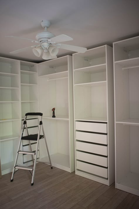 How to Design and Install an IKEA PAX Wardrobe — Anna Elizabeth Walk In Wardrobe Spare Bedroom, How To Install Pax Wardrobe, Ikea Wardrobe Storage Ideas, Ikea Pax Trim, Ikea Walk In Closet Ideas Pax Wardrobe, Ikea Hauga Wardrobe, Ikea Pax Walk In Closet Ideas, Ikea Pax Dressing Room, Ikea Closet Ideas Walk In