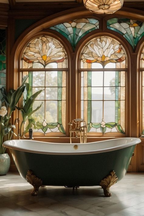 Art Nouveau Inspired Interior, Art Nouveau Houses, Stained Glass Bathtub, Stained Glass Bathroom, Art Nouveau Interior Design, Art Nouveau Bathroom, Bauhaus Interior Design, Art Nouveau Design Interior, Art Deco Bedrooms