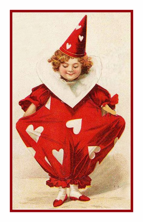 Valentine Cherub Red Hearts Counted Cross Stitch or Counted Needlepoint Pattern Pierrot Clown, Victorian Valentines, Postal Vintage, Valentine Postcards, Vintage Clown, Vintage Valentine Cards, Valentines Greetings, Valentine Greeting Cards, Valentines Day Greetings