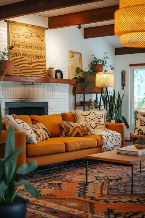 Mossy Green Living Room, Large Home Decor Ideas, Yellow Couches Living Room, Cozy Eclectic Home Living Room, New Mexico Interior, Midmod Boho, Yellow Couch Living Room Ideas, Colorful Scandinavian Interior, Boho Mid Century Modern Living Room