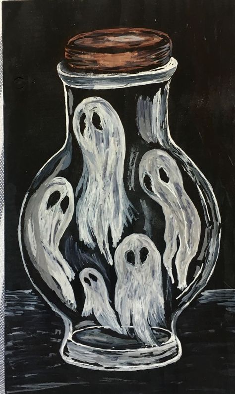 Cute Ghost Painting Ideas, Halloween Painting Simple, Halloween Canvas Art Diy, Black And White Painting Ideas On Canvas, Halloween Drawings Ghost, Gothic Acrylic Painting, Big Canvas Painting Ideas Easy, Ghost Acrylic Painting, Halloween Canvas Painting Ideas