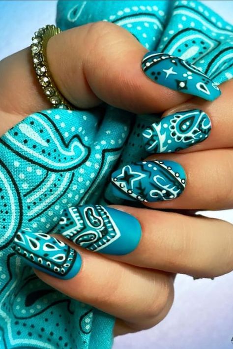 15 Amazing Modern Paisley Nails Designs Will Impress Anyone You Meet https://www.polishandpearls.com/paisley-nails-designs/ Nails With Feathers, Teal Blue Nails Designs, Country Nail Ideas, Country Nails Design, Country Nail Designs, Paisley Nails, Paisley Nail Art, Aztec Nail Designs, Rockabilly Nails