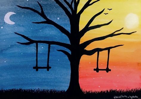 How To Draw A Sunset With Colored Pencils, Complementary Colors Art Ideas Easy, Opposite Painting Ideas, Pejzazi Art, Watching Sunset Drawing, Warm And Cool Colors Drawing, Cool And Warm Colours Paintings, Easy Silhouette Paintings, Monochrome Art Painting