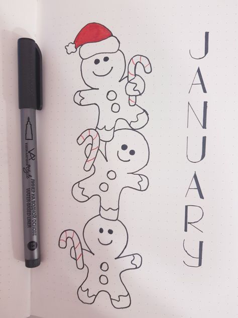 January Drawings Ideas, Easy Things To Draw For Christmas, December Whiteboard Ideas, Cute Winter Drawings Easy, Planer January, December Cover Page Bullet Journal, December Bujo Cover Page, January Journal Cover, Bullet Journal December Cover