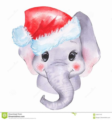 Christmas Elephant Illustration, Christmas Elephant Drawing, Dumbo Christmas Wallpaper, Cute Cartoon Illustration, Santa Hat Png, Elephant Clip Art, Elephant Christmas, Baby Animal Drawings, Happy Elephant