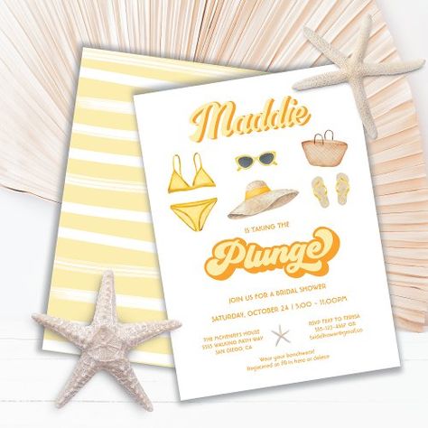 Taking the Plunge Beach Pool Bridal Shower for $2.65 - Bridal Shower Invitations Starfish Colors, Bachelorette Pool Party, Bachelor Gifts, Pool Outdoor, Bachelorette Party Themes, Bachelorette Party Invitations, Outdoor Bbq, Bridal Shower Theme, Beach Themed