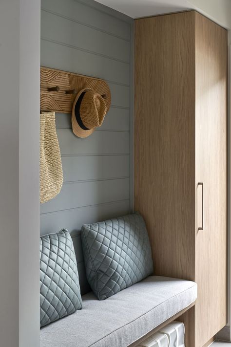 ‘I’ve also featured horizontal joint VJ cladding in the master bedroom, laundry and kitchen to keep the influence of country-coastal living imminent throughout the home.’ Horizontal Vj Panelling, Vj Panelling, Boutique House, Box Hill, Bedroom Laundry, Coastal Interiors, Boutique Homes, Utility Room, Hallway Decorating