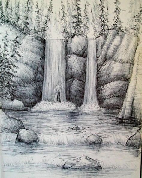 Draw Waterfall, Waterfall Sketch, Waterfall Drawing, Gambar Lanskap, Landscape Pencil Drawings, Forest Drawing, Landscape Sketch, Nature Drawing, Lukisan Cat Air