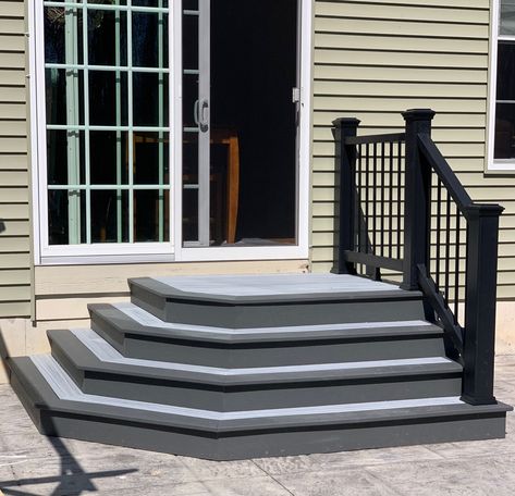 Front Stairs Ideas Exterior Porch, Cement Patio Stairs, Trex Patio Steps, Trex Steps Stairs, Patio Stairs With Railing, Composite Steps To Concrete Patio, Trex Front Steps, Trex Stairs To Patio, Foggy Wharf Trex Decking