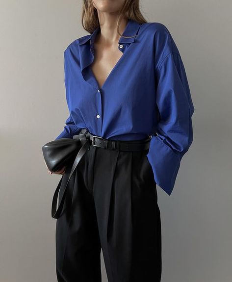 How To Style Dark Blue Shirt, Cobalt Blue Blouse Outfit, Bright Blue Clothes, Dark Blue Button Up Shirt Outfit, Sapphire Blue Outfit, Cobalt Blue Shirt Outfit, How To Style Blue Shirt, Bright Blue Shirt Outfit, How To Style Blue Pants