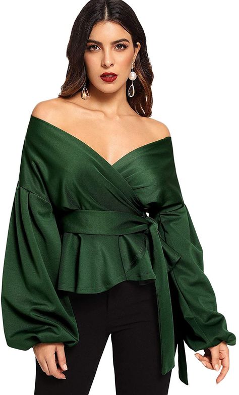 SheIn Women's Long Sleeve V Neck Ruffle Blouse Off Shoulder Tie Waist Wrap Tops at Amazon Women’s Clothing store Outfit Casamiento, Blouse Peplum, Peplum Blouse, Long Puff Sleeves, Lantern Sleeve, Off Shoulder Tops, Lantern Sleeves, Sleeves Pattern, Green Fashion