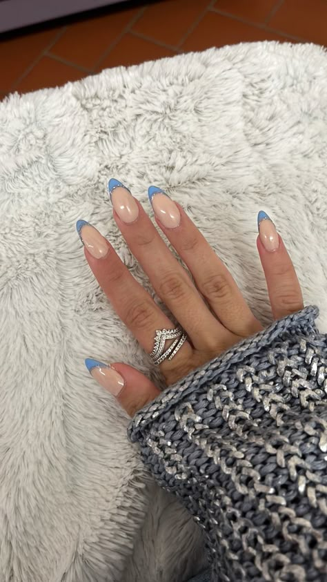 Light Blue And Silver Nails Almond, Blue French Tip With Glitter Line, Blue French Nails With Glitter, Light Blue Sparkle French Tip Nails, Bridgerton Blue Nails, Light Blue Prom Nails Almond, Light Blue Holiday Nails, Baby Blue French Tip Nails Almond, Silver And Light Blue Nails